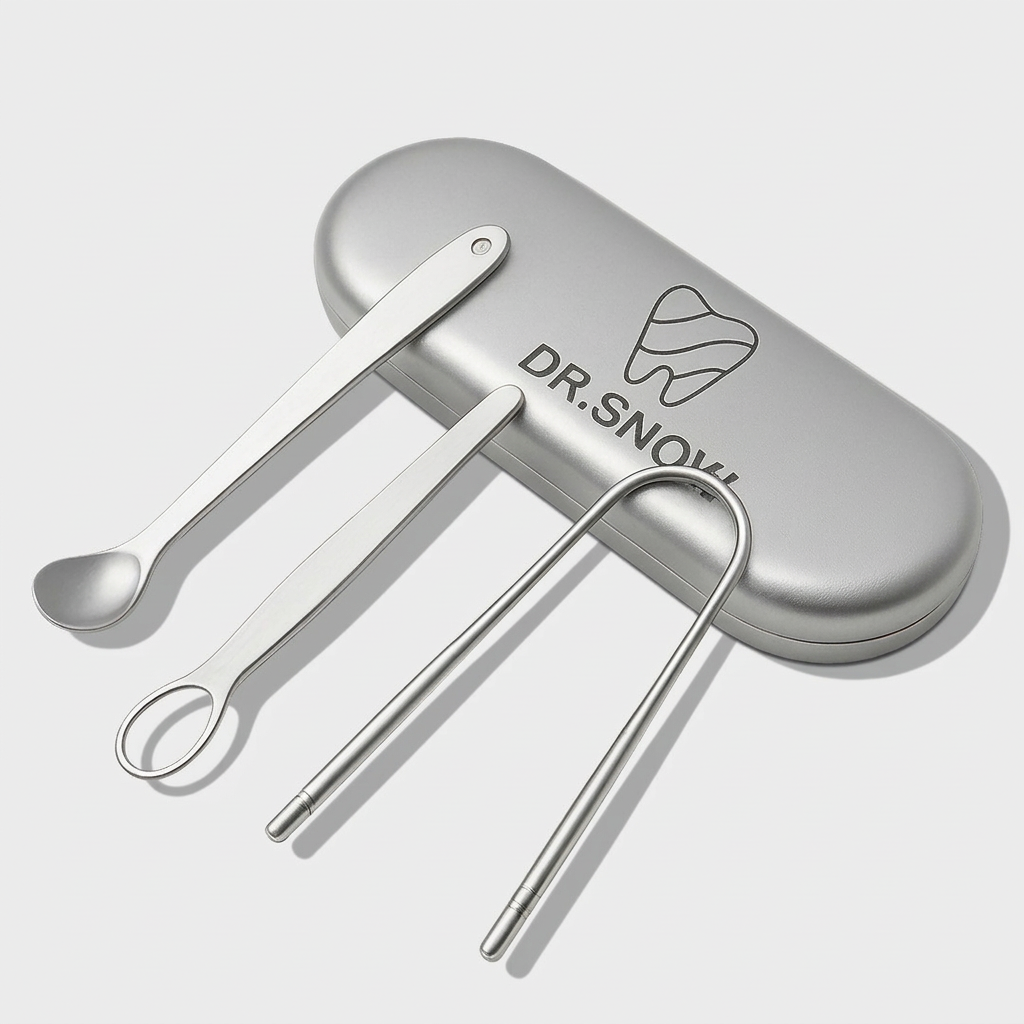 Set of silver tongue cleaner with a carrying case on a light gray background, featuring the DR. SNOW brand.