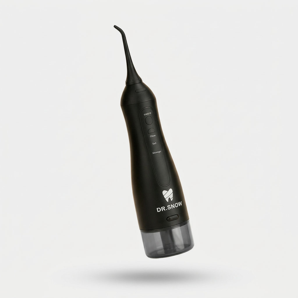 Black dental water flosser with 'Dr. Snow' branding on a light gray background
